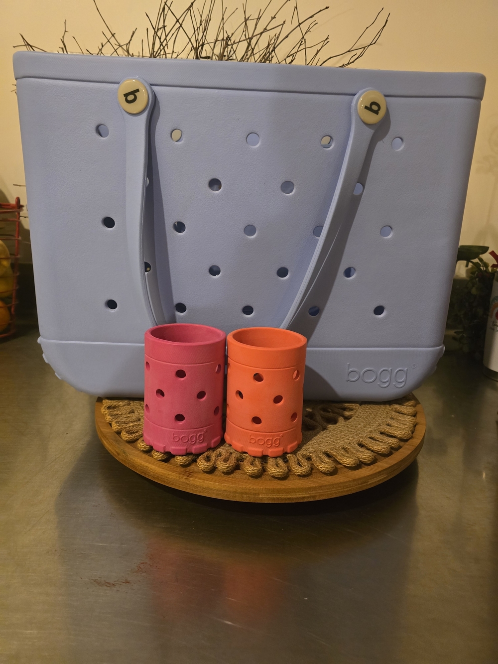 BOGG BAG Light Blue Tote with Pink and Orange Accessory Cups